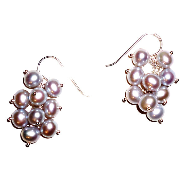 Sterling silver French wires with silver freshwater pearl clusters, available at Cerulean Arts.