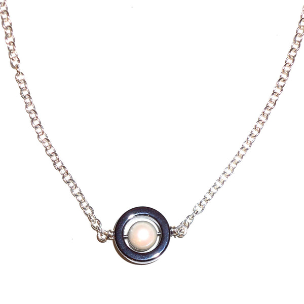 Sterling silver chain necklace with hematite and pearl pendant, available at Cerulean Arts.