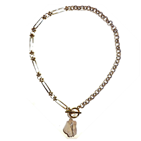 Mixed metal chain (14K gold &amp; silver plated) toggle necklace with detachable clear quartz pendant, available at Cerulean Arts.