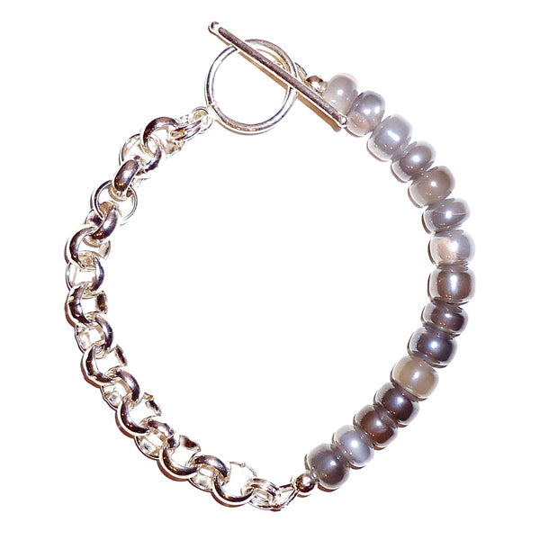 Silver plated chain and grey moonstone bracelet with sterling silver toggle, available at Cerulean Arts.