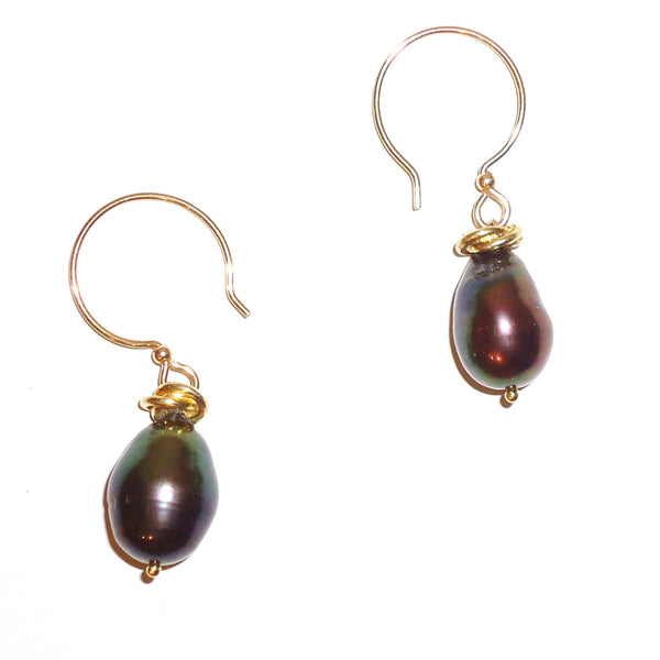 14k gold filled French hoop earrings with peacock pearls available at Cerulean Arts.