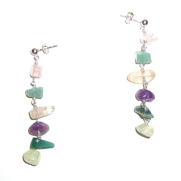 Sterling silver post earrings with wire wrapped rose quartz, green aventurine, rutilated quartz, amethyst, green jade and prehnite gemstone chips, available at Cerulean Arts.