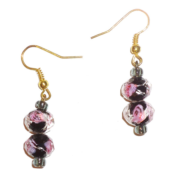 Faceted pink and black rose bead earrings available at Cerulean Arts.  