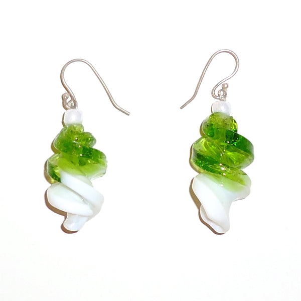 Green and white glass helix earrings available at Cerulean Arts. 