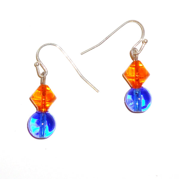 Orange bicone crystal with blue glass bead earrings available at Cerulean Arts. 