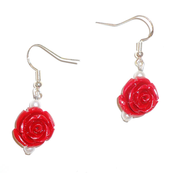 Sculptural red rose earrings with glass pearl beads available at Cerulean Arts.