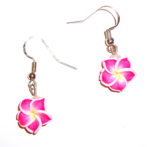 Pink plumeria flower earrings available at Cerulean Arts.