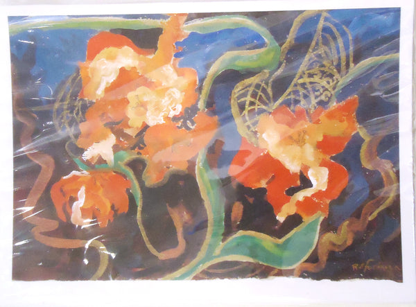 Set of 12 notecards of winter landscape with orange flowers reproduced from an original artwork by Cerulean Arts Collective Member Ruth Formica.