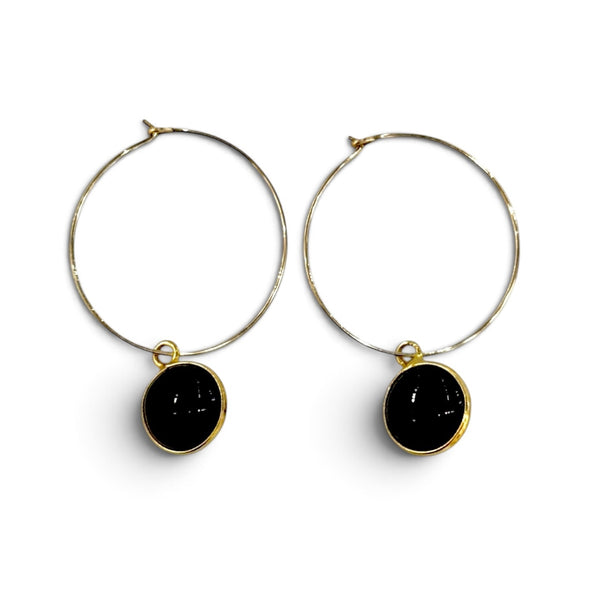 Gold Hoops with Onyx Drops