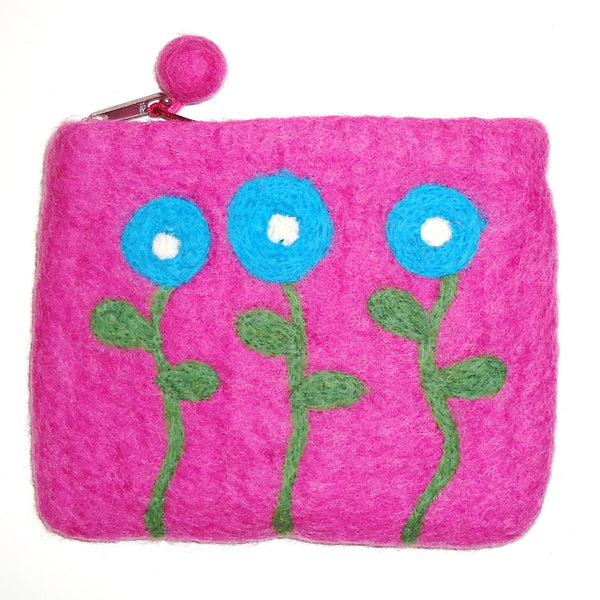Fuchsia coin purse with three blue flowers.