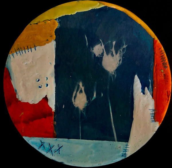 Abstract artwork with a circular composition featuring various colors and textures.