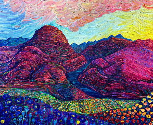 Colorful landscape painting with mountains and fields
