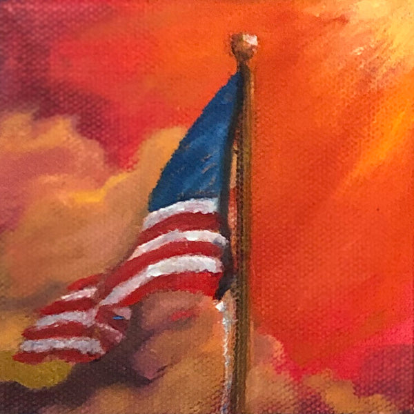 Oil on canvas painting depicting an American flag on a pole against a red sky with clouds.
