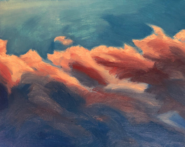 Oil painting depicting red clouds in a blue sky.