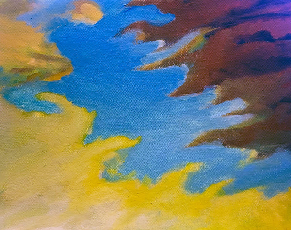Oil painting depicting yellow and maroon clouds in a blue sky.