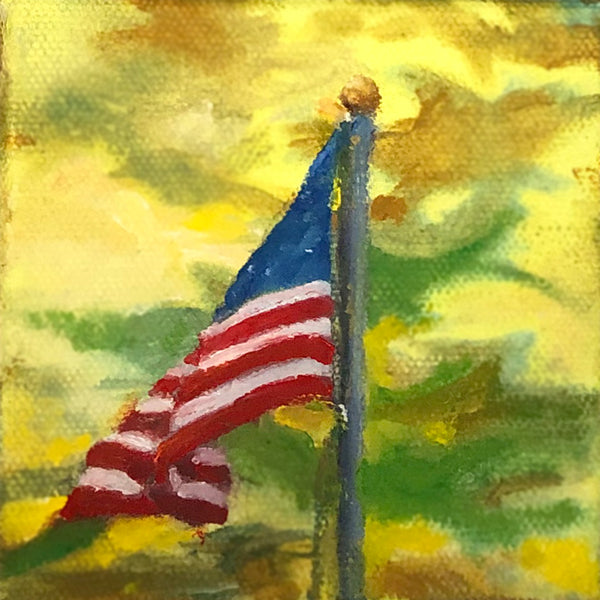 Oil on canvas painting depicting an American flag on a pole against a yellow sky with green.