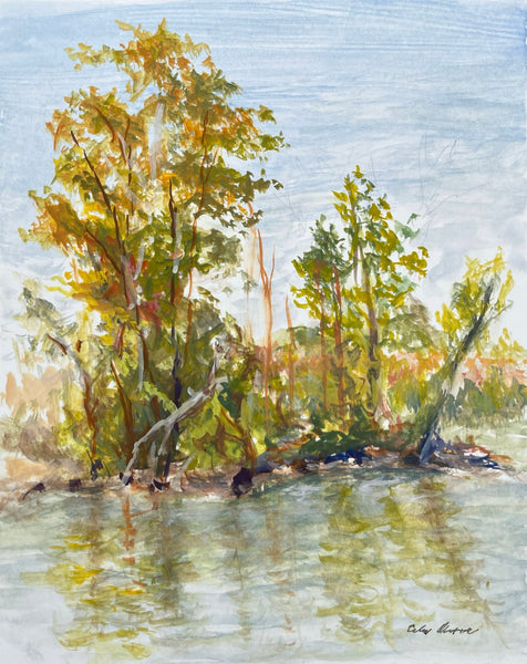 Watercolor painting of a river scene with trees 