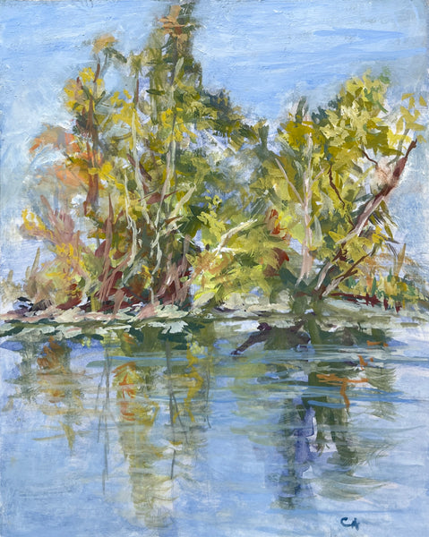 Painting of trees reflected in water with a blue sky.