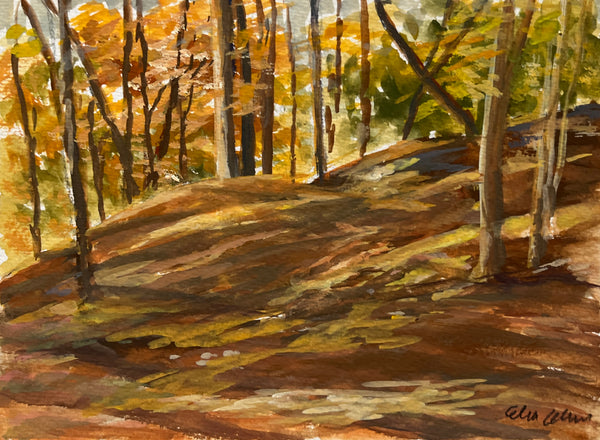 Painting of a forest path with autumnal trees