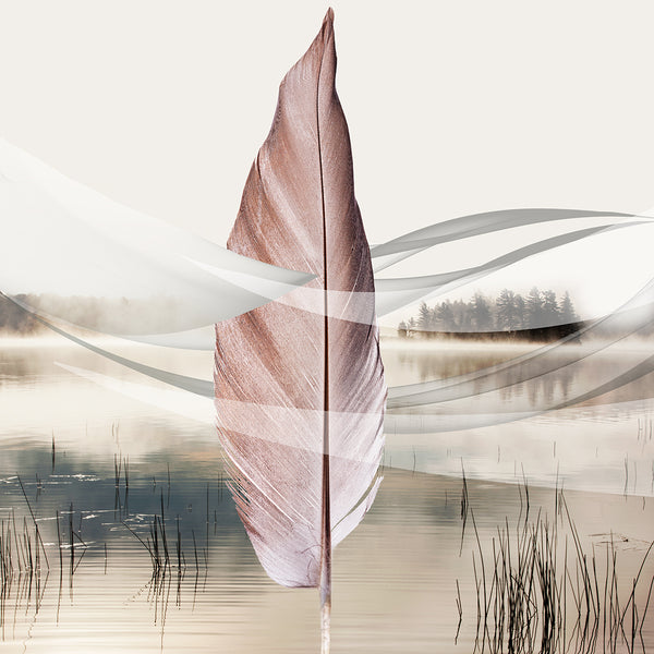Abstract art piece with a large feather-like shape over a landscape.