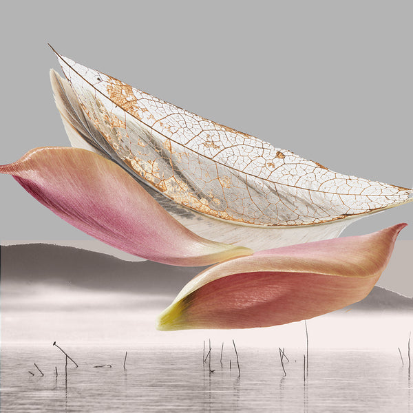 Print of close up leaves with a water landscape background