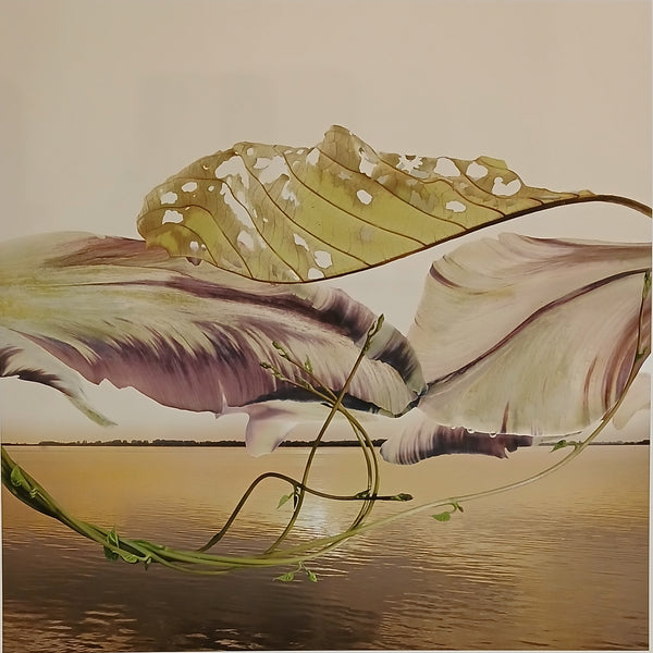 Artistic depiction of leaves and branches on a textured surface