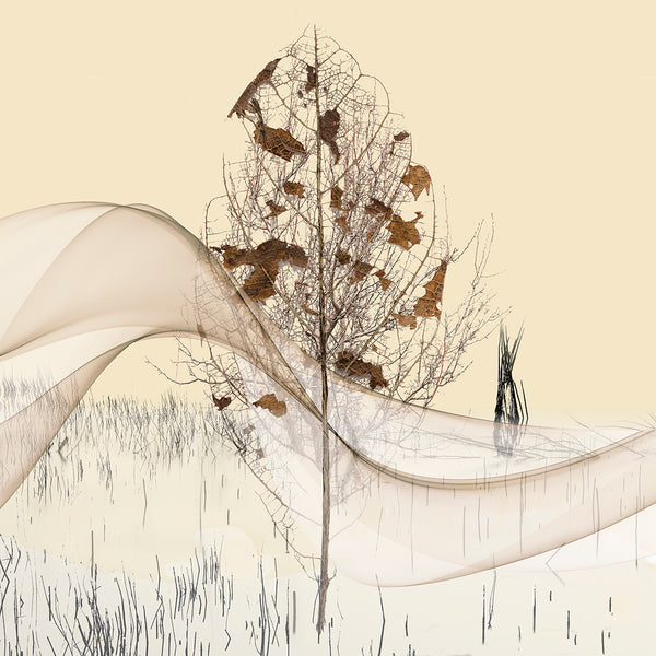 Abstract print with a tree and flowing ribbons on a beige background