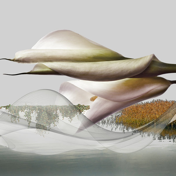 Abstract print with wavy lines and floral elements on a gray water background