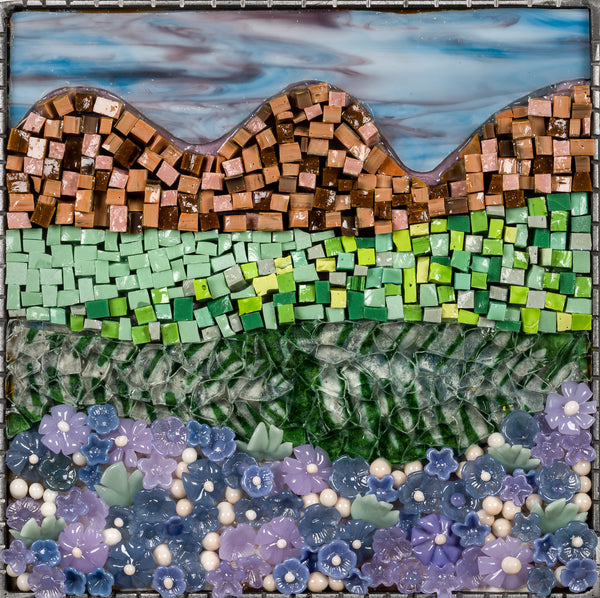 Landscapes 4, mixed media and flame-worked glass mosaic by Cerulean Arts Collective member Barbara Bix