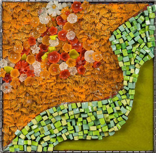 Landscapes 6, mixed media and flame-worked glass mosaic by Cerulean Arts Collective member Barbara Bix