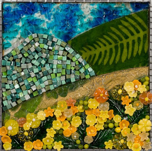 Landscapes 7, mixed media and flame-worked glass mosaic by Cerulean Arts Collective member Barbara Bix