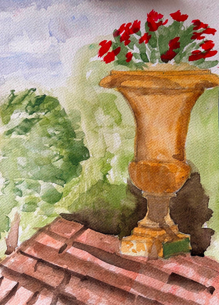 Painting of a decorative urn with red flowers on a ledge with greenery in the background