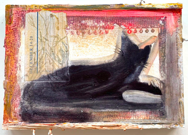 Artistic depiction of a black cat sitting on a windowsill with a textured frame.