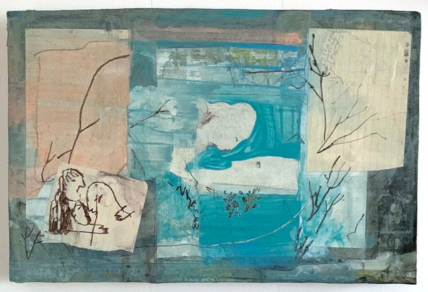 Blue Goodbye, acrylic, paper and pencil on wood and deconstructed cigar box painting by Philadelphia artist Philippa Beardsley, available at Cerulean Arts. 