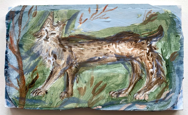 Bobcat in the House, acrylic on wood and deconstructed cigar box painting by Philadelphia artist Philippa Beardsley, available at Cerulean Arts. 