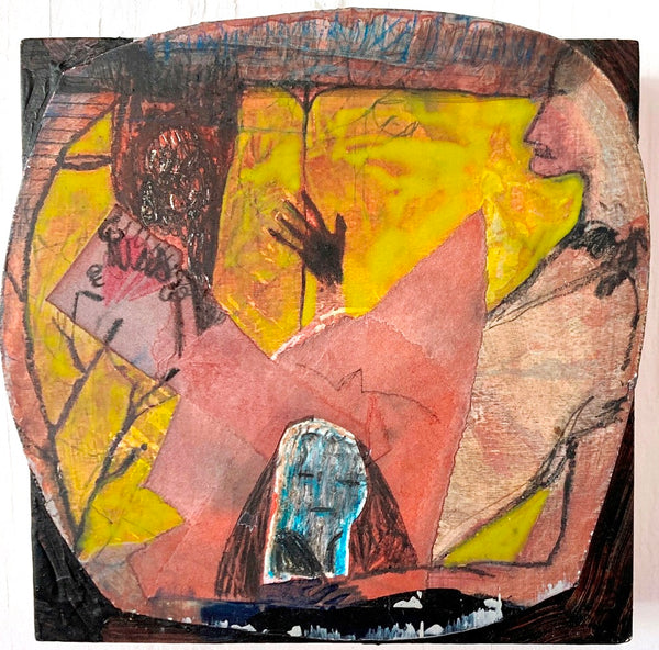 Abstract artwork with geometric shapes and a central figure on a wooden panel.