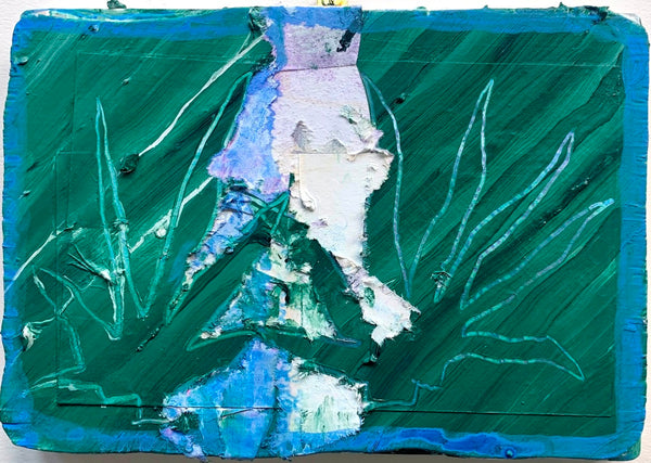 Abstract art piece with green, blue, and white colors on a textured surface