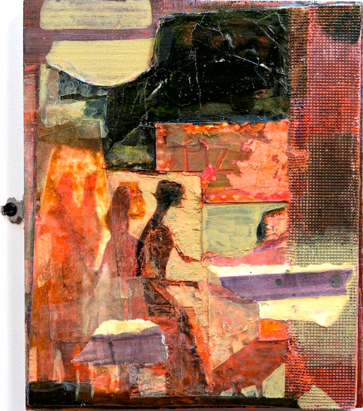 Abstract art piece with silhouettes of people and a piano.
