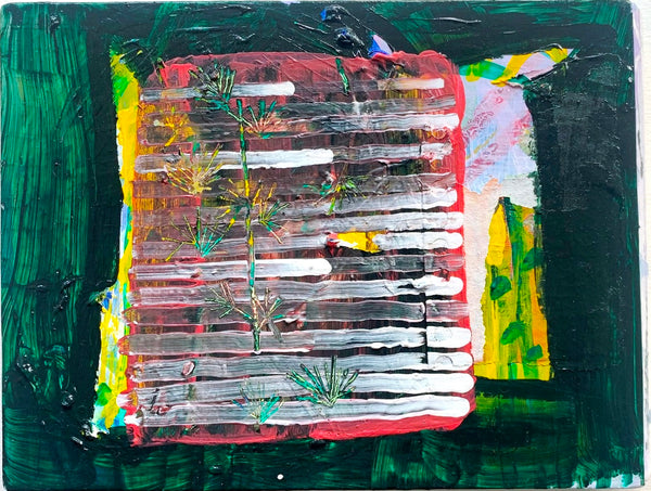 Abstract painting with a red square and green, yellow, and white elements on a dark background
