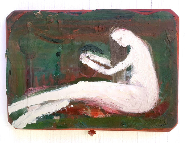 An expressive painting of a seated nude figure rendered in white paint against a dark green and brown background.