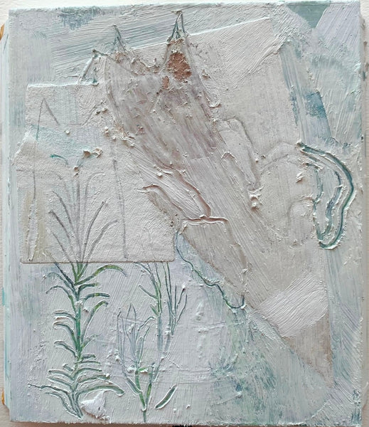 Abstract art piece with textured surface and green plant-like elements