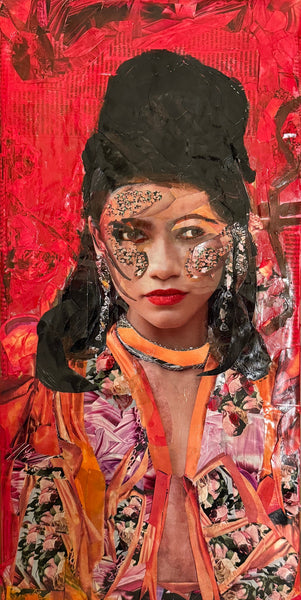 Artistic portrait with a vibrant red background and colorful clothing.