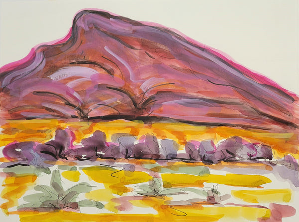 Abstract landscape painting with a large pink mountain and yellow foreground