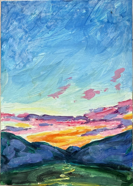 An impressionistic landscape painting featuring a vibrant blue sky with pink clouds, a glowing orange sunset, and dark blue-green mountains in the foreground.