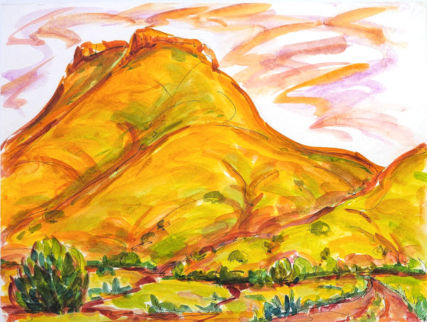 Painting of a mountain landscape with warm colors