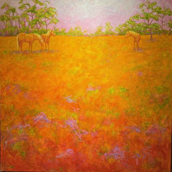 Painting of three horses in a field with a pink sky