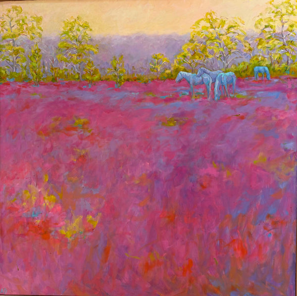 Painting of horses in a field with a colorful landscape