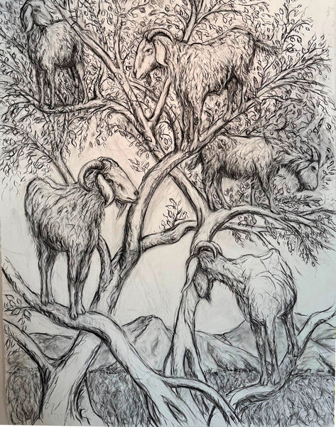 Illustration of goats in a tree with a mountainous background