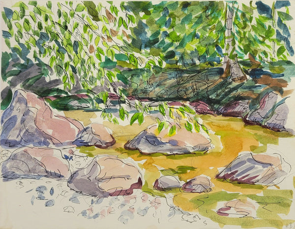 Artistic depiction of rocks and greenery with a focus on natural elements.