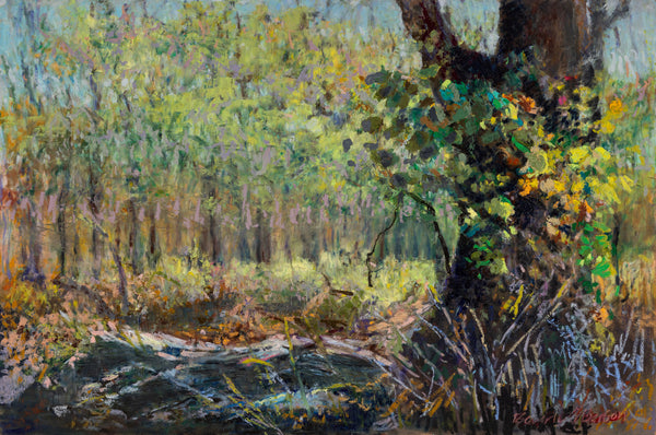 Painting of a forest scene with trees and underbrush